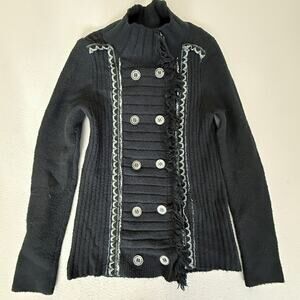 Free People Black Ribbed Military Double Breasted Sweater Jacket Cardigan M